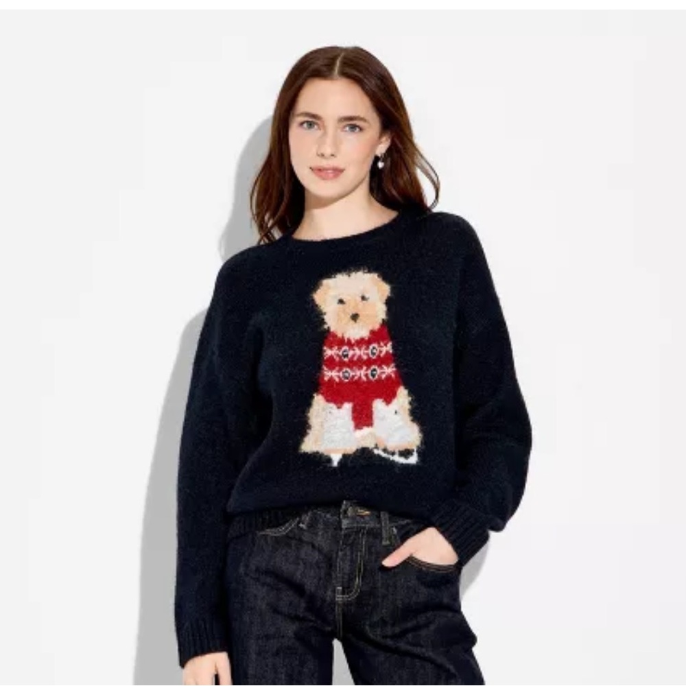 NWT Wild Fable Crewneck Pullover Heritage Novelty Sweater -Navy Blue Dogs - Picture 2 of 9